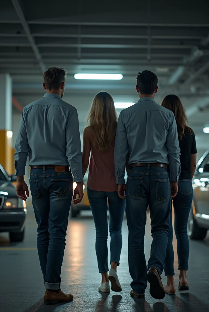 Two men are dropping two women to a cab in the basement parking, the woman is wearing a top and jeans and the man is wearing a shirt and jeans and a smart watch