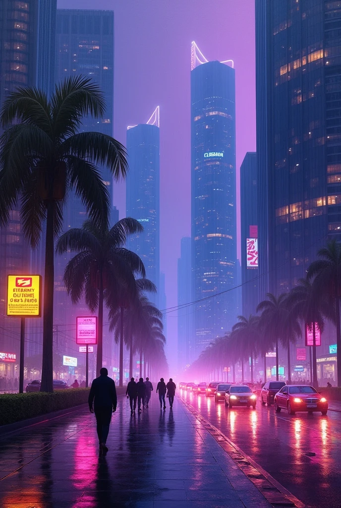 Oil painting of a futuristic street, in India, tall buildings in a distance,bright purple and blue lights, billboards, people walking on footpath, and cars on the street. Night time, raining, very realistic