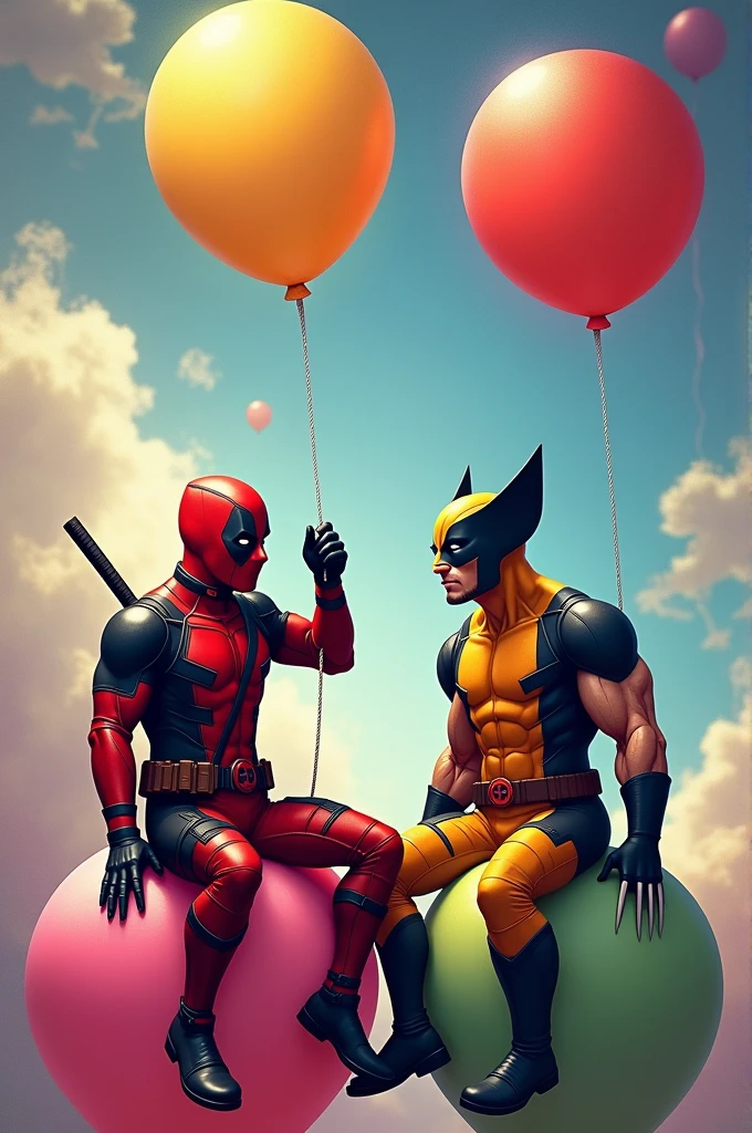 Deadpool and Wolverine sit on balloons and blow up balloons