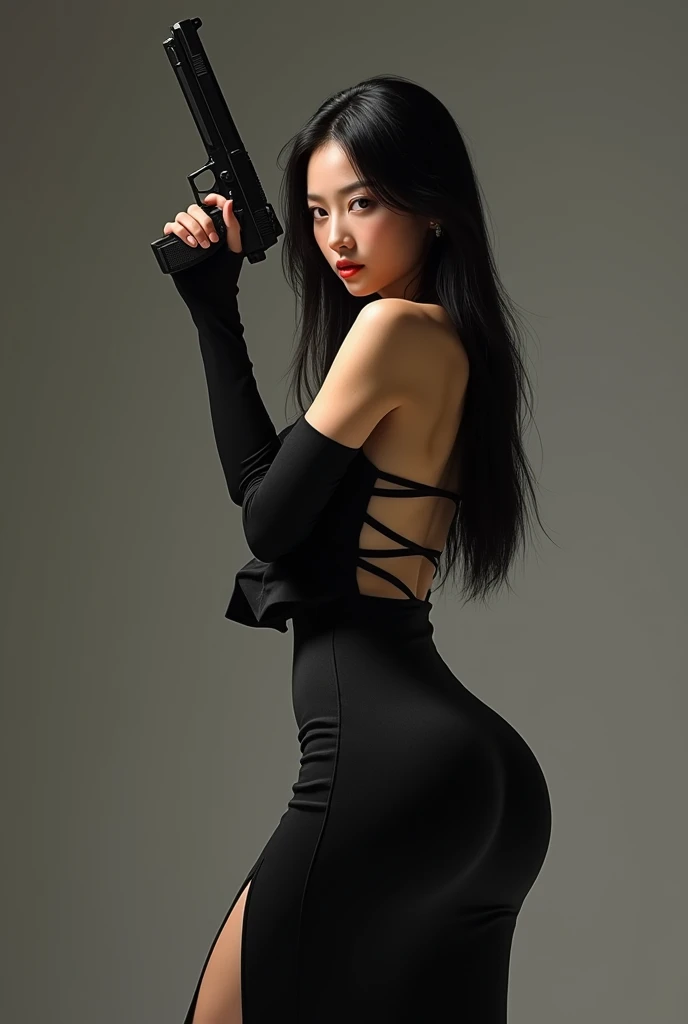 Chinese Beauty、Long, straight black hair, handgun in hand, tight, maxi-length black dress with slits so her whole body is visible。
Accentuates thighs and buttocks