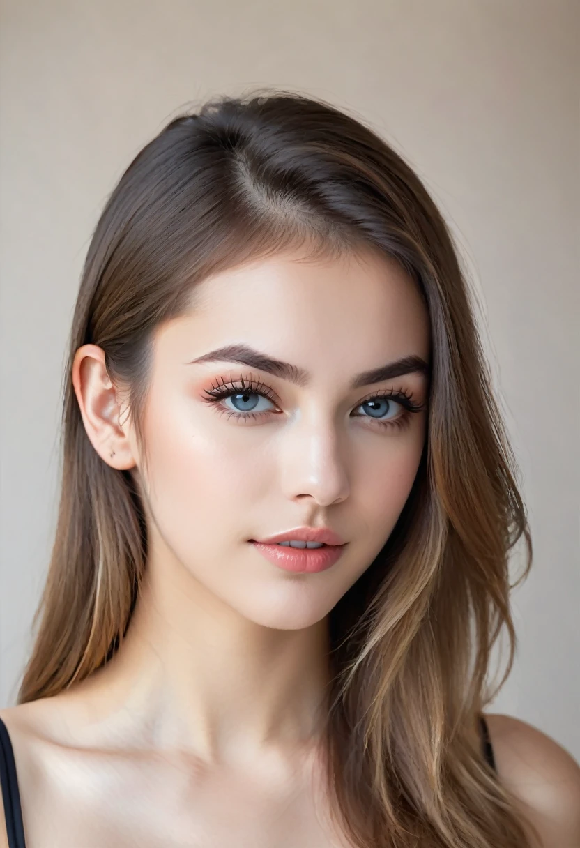 This virtual portrait of a 22-year-old German girl exudes youthful beauty with her flawless skin and soft, tiled skin tone. Her long, light brown hair cascading down her back accentuates her heart-shaped face and emphasizes her striking features. Her dark blue eyes sparkle with warmth and kindness, edged with thick, dark eyelashes that add depth and dimension. Her eyebrows are perfectly shaped, slightly arched and pointed, complemented by a small, pointed nose and full, pink lips. Large breasts, while the plumpness of her breasts is beautifully shaped. Flat stomach, smooth skin. Perfect figure. Black G-string panties, panties with intriguing details, plump thighs. She is so charming. Long-sleeved t-shirt with a high waist, black G-string panties.