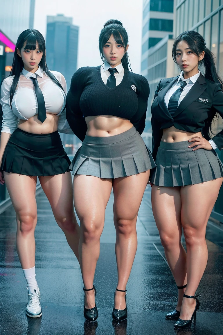 Ultra-high resolution, Realistic, Very detailed, Golden Ratio, Highest quality, Four people are standing full-body shot, (promotional photoshoot), (Are standing), Four people stand on the rainy rooftop in high heels, (Four Beautiful female with Exemplary Figures), Beautiful Face, (Realisticな face), (biondeのショートカット:1.3), Korean bionde, bionde, long straight ponytail hair, hair band, Glare, Frowning, Drooling, Long Tongue, Verbal invitation, compensate, Frowning, Frowning, Surrealism, First Person View, First Person View, Wide-angle, Ultra-high resolution, Anatomically correct, Super detailed, 16K, (Four beautiful female standing side by side) (wide thighs), (Very long legs),(body builder girl), (wide muscles), ((sexy abdominal muscles)), (huge breasts),(very voluptuous body),(short grey skirt),(deep cleavage schoolgirl uniform),(hard raining),(sexy wet uniform)