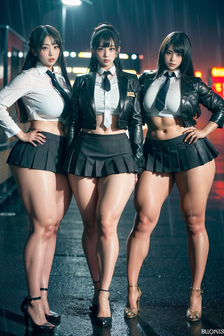 Ultra-high resolution, Realistic, Very detailed, Golden Ratio, Highest quality, Four people are standing full-body shot, (promotional photoshoot), (Are standing), Four people stand on the rainy rooftop in high heels, (Four Beautiful female with Exemplary Figures), Beautiful Face, (Realisticな face), (biondeのショートカット:1.3), Korean bionde, bionde, long straight ponytail hair, hair band, Glare, Frowning, Drooling, Long Tongue, Verbal invitation, compensate, Frowning, Frowning, Surrealism, First Person View, First Person View, Wide-angle, Ultra-high resolution, Anatomically correct, Super detailed, 16K, (Four beautiful female standing side by side) (wide thighs), (Very long legs),(body builder girl), (wide muscles), ((sexy abdominal muscles)), (huge breasts),(very voluptuous body),(short grey skirt),(deep cleavage schoolgirl uniform),(hard raining),(sexy wet uniform)