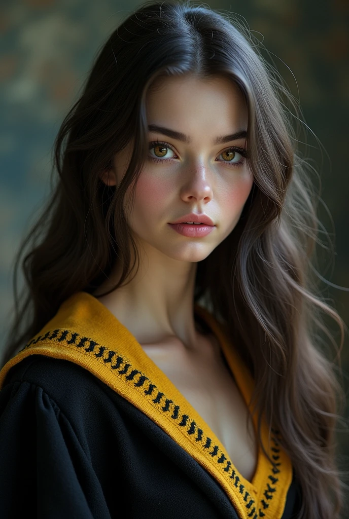  Hogwarts Witch, hairs(rot, long to the waist shiny and soft) Skinned(pale ,and smooth ) cos(slim and waisted, medium height) muka (feminine and soft square ,small-nose , round and symmetrical eyes in amber color ,pink heart shaped lips) robes (uniforme da Hufflepuff) youthful appearance