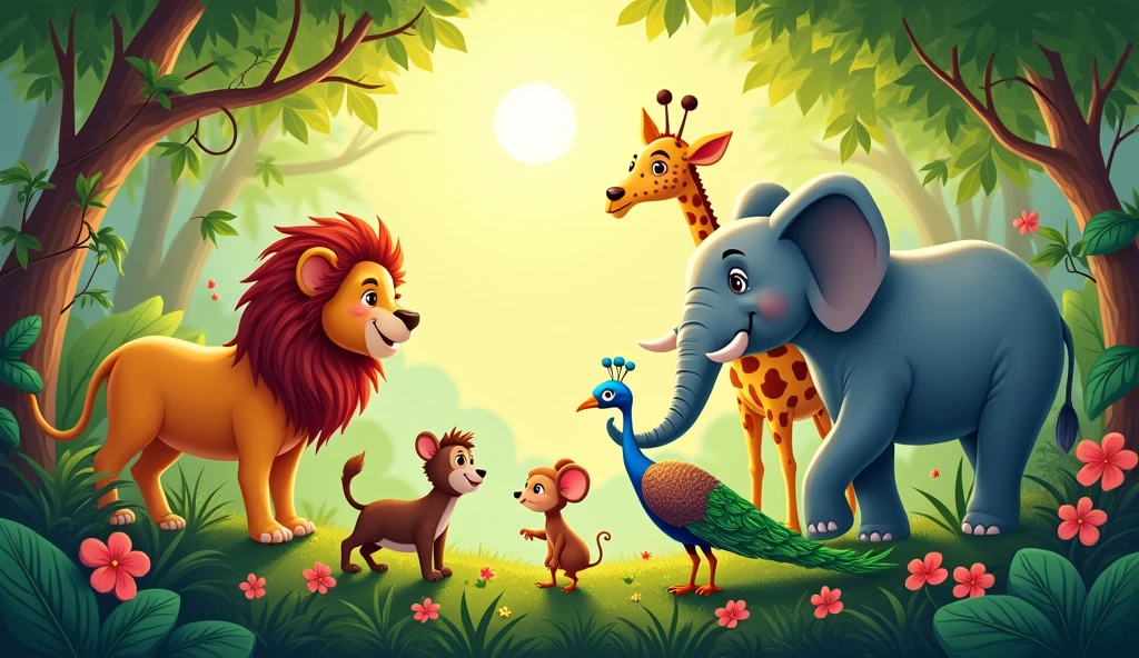 A panoramic illustration of the a lion, mouse, giraffe, monkey, peacock, and an elephant in a colourful jungle working together in harmony, 
using their unique strengths to care for the jungle, with Little Mouse at the centre for children book 