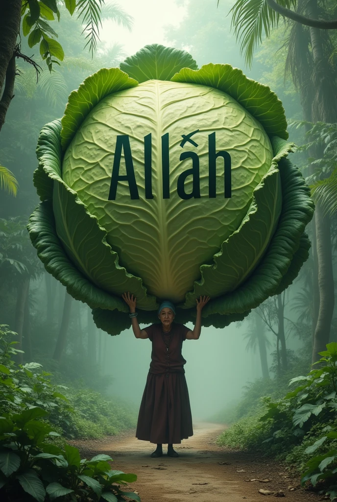 A helpless old woman is holding a very big cabbage in her hands. It is a cabbage of 100 tons. A big Allah is written on the cabbage of 100 tons and behind it there is a jungle and children are crying. She is looking at a nice path. Make a very nice image of 2000 M and show it.