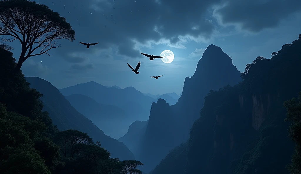 On the right、Several vultures flying in circles on the edge of a cliff, Flying over the Vista Chinesa hills, In Rio de Janeiro, Dark Night, In many shadows, Stars and full moon in the sky、And a lot of trees coming down from the cliffs々、A view from the bird's perspective、Increase the resolution