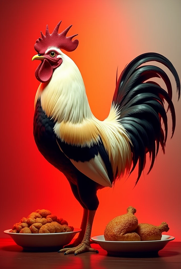 Background halfdown bright red and halfup white, a big white & red cock standing sideways, a fried chicken