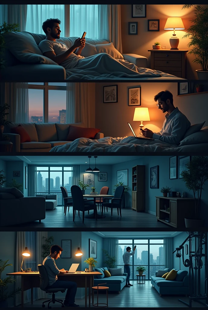 (photorealism:1.2) a man binge watching series on phone, a man soundly sleeping, a man busy studying, a man exercising in the gym, late at night