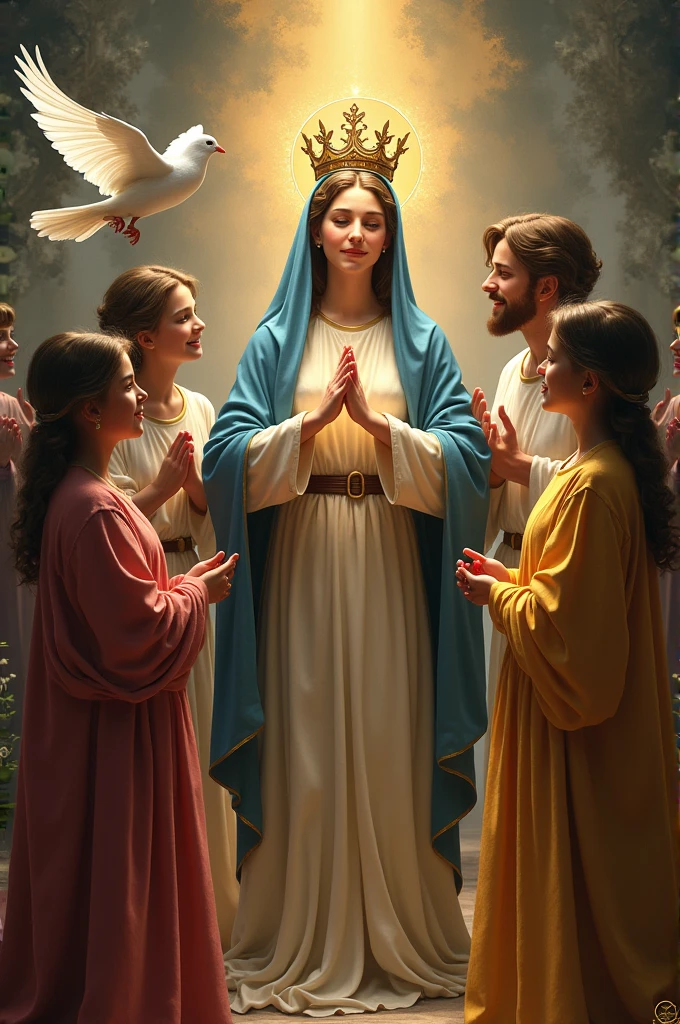 A white dove next to the Holy Trinity and Mary being crowned watched by a group of smiling young people 
