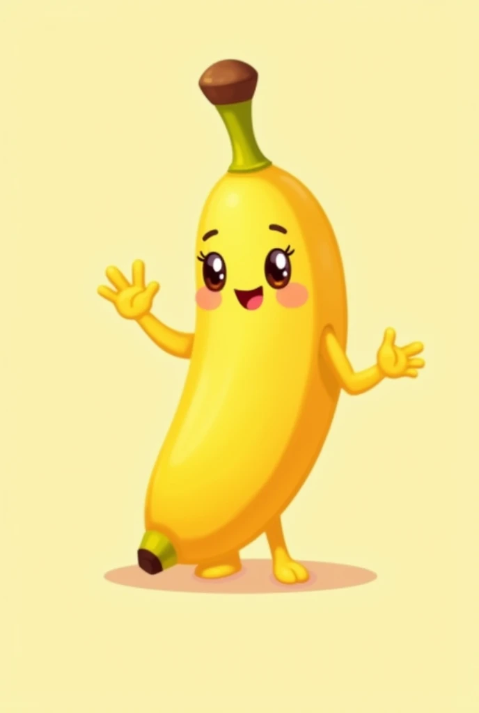 A simple, cute cartoon banana character with a friendly smile, round eyes, and smooth, bright yellow skin. The banana has a slightly curved shape and stands upright with small, stubby legs and arms, waving happily."