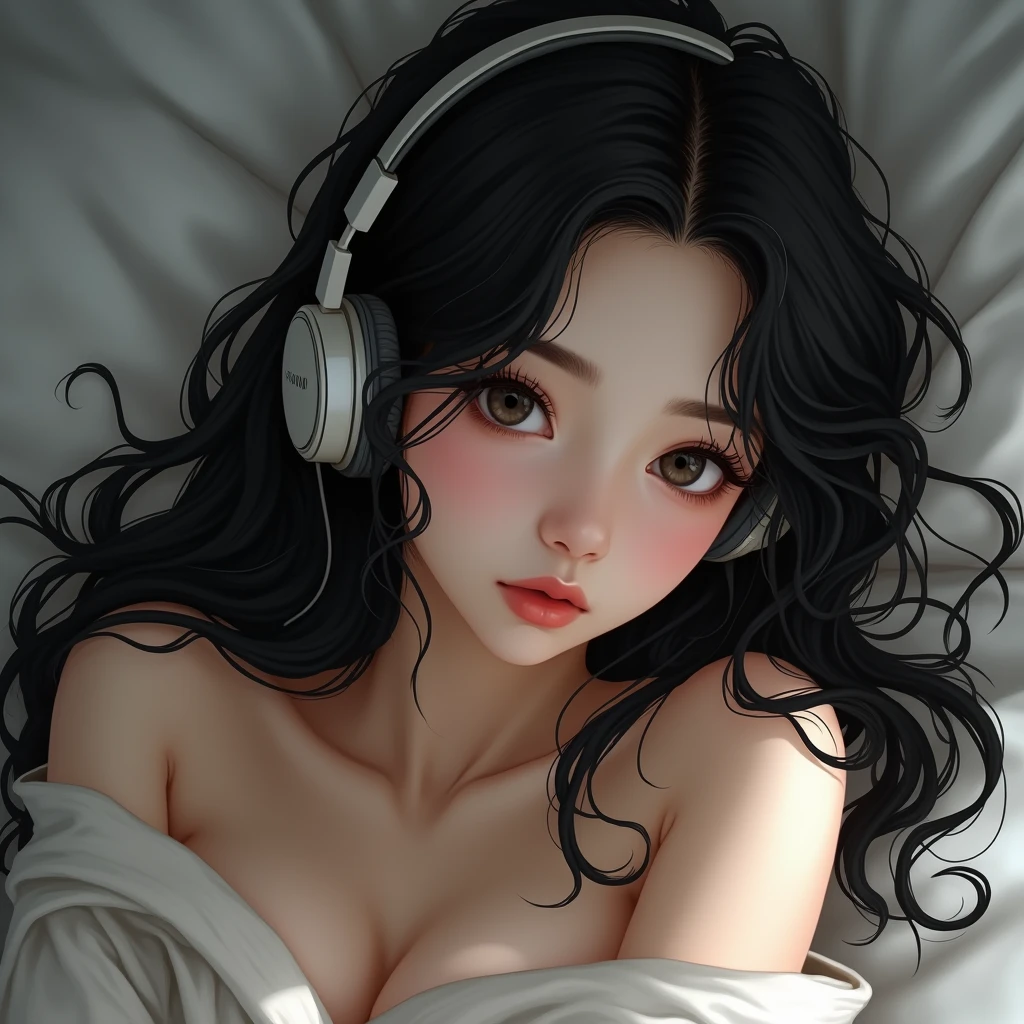 Beautiful black-haired Asian Girl, inexplicable beauty, beautiful eyes, beautiful lips, and beautiful long black hair, with small waves at the ends, and a short shirt, lying on the bed posing while wearing headphones listening to music, with big 
