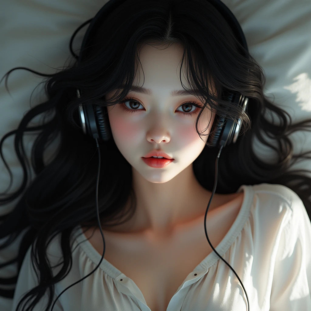 Beautiful black-haired Asian Girl, inexplicable beauty, beautiful eyes, beautiful lips, and beautiful long black hair, with small waves at the ends, with tattoos, and a short shirt, lying on the bed posing while wearing headphones listening to music, with big tits
