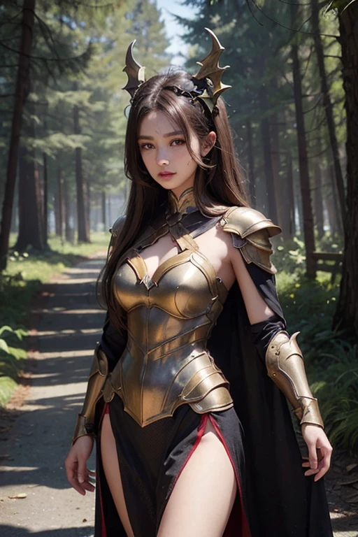 Female bonze dragon in human form. Beautiful. Wearing bronze hoplite armor. Shiny bronze hair. In a haunted forest. 