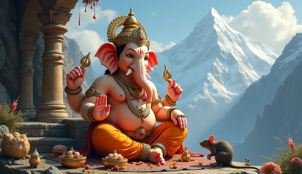 Lord Ganesh, leg near rat, with Pooja elements, Mount Himalaya background