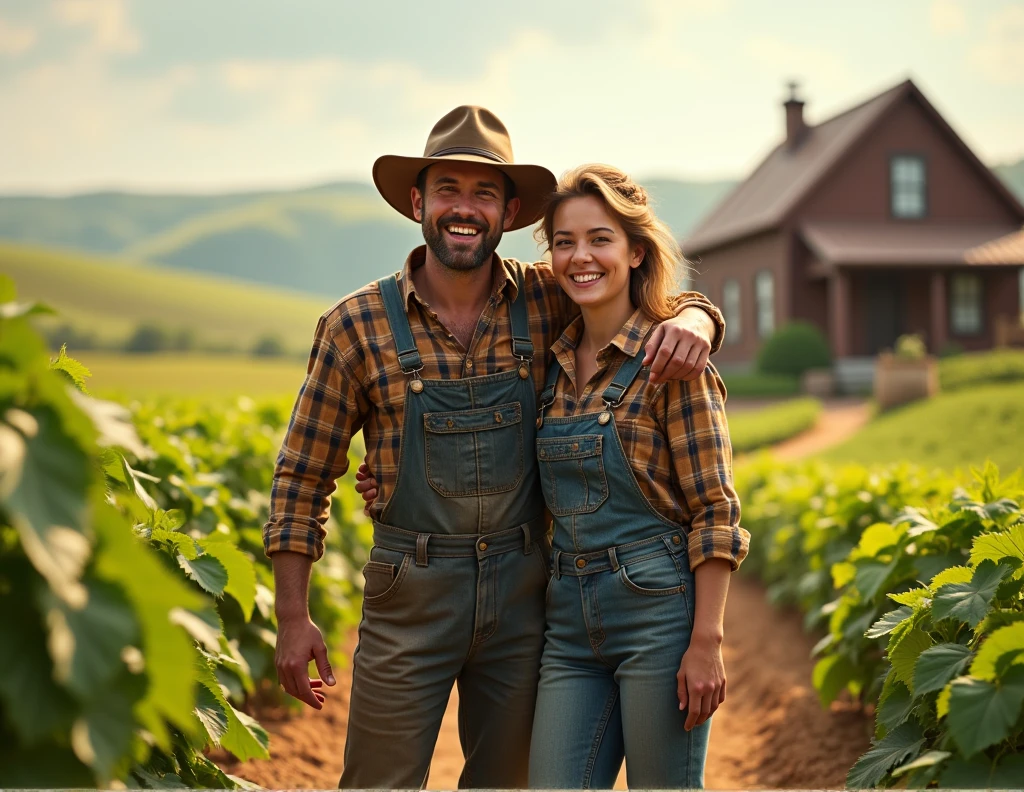 Create an image of a happy farmer couple