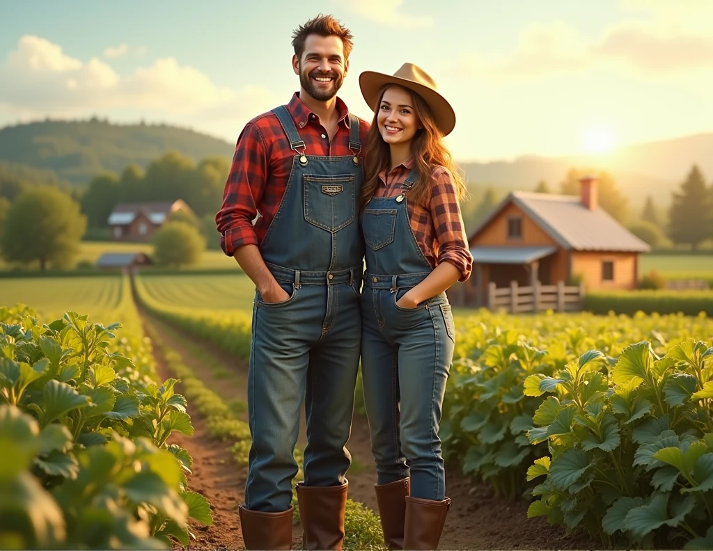 Create an image of a happy farmer couple