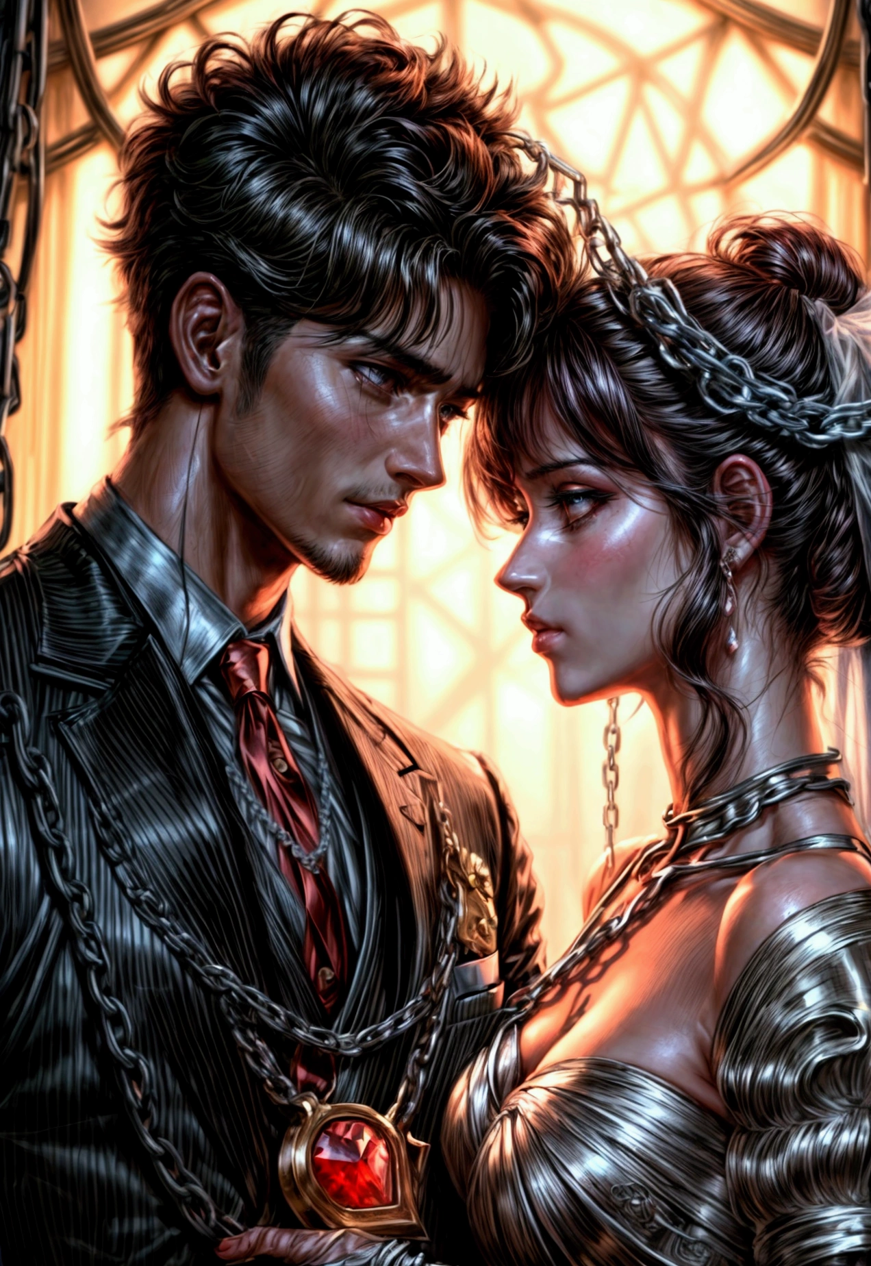 oil painting anime comic art, Julie Bell art of a groom held by ((radiant chains: 1.2)), in his wedding day and his bride, a handsome groom, wearing suit and tie, BREAK AND a beautiful, sexy bride, busty bride, wearing white lace wedding dress, the chain holds the groom, with chains, the chain forms the shape of red glowing heart, cinematic light, High Detail, Ultra High Quality, High Resolution, 16K Resolution, Ultra HD Pictures, Ultra Realistic, Clear Details, Realistic Detail, Ultra High Definition, rpg portrait, chain leash
