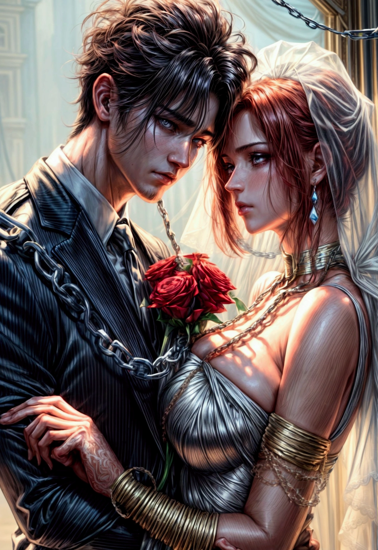 oil painting anime comic art, Julie Bell art of a groom held by ((radiant chains: 1.2)), in his wedding day and his bride, a handsome groom, wearing suit and tie, BREAK AND a beautiful, sexy bride, busty bride, wearing white lace wedding dress, the chain holds the groom, with chains, the chain forms the shape of red glowing heart, cinematic light, High Detail, Ultra High Quality, High Resolution, 16K Resolution, Ultra HD Pictures, Ultra Realistic, Clear Details, Realistic Detail, Ultra High Definition, rpg portrait, chain leash