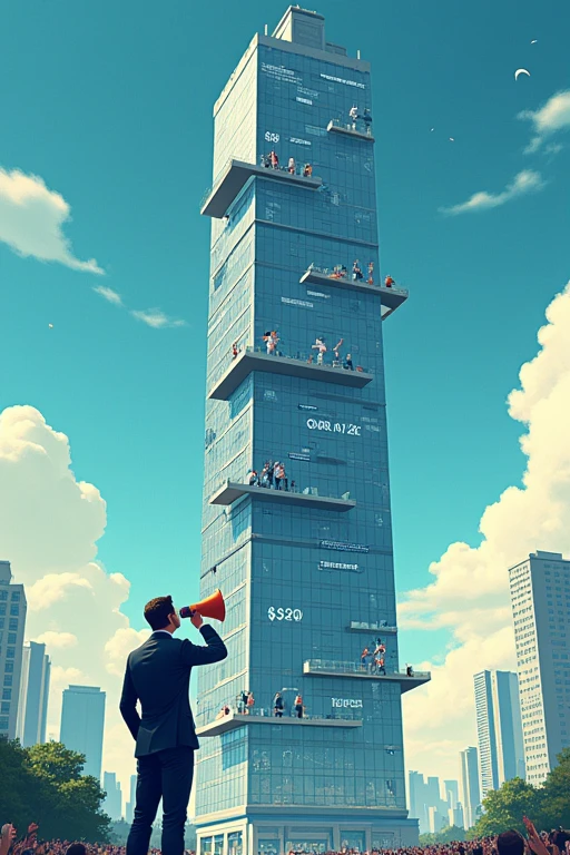 Vertical illustration of a tall skyscraper representing Solana's blockchain. Multiple elevators on the outside show users racing to reach higher floors (blocks). Some elevators are marked 'Priority Access' and move faster. At different levels, price tags show increasing SOL values. At the top, a penthouse suite with '$250' on the door. Anatoly Yakovenko stands at the base, pointing up and speaking into a megaphone. The sky behind the building shows a stock chart pattern. Use a sleek, modern style with glass and steel textures