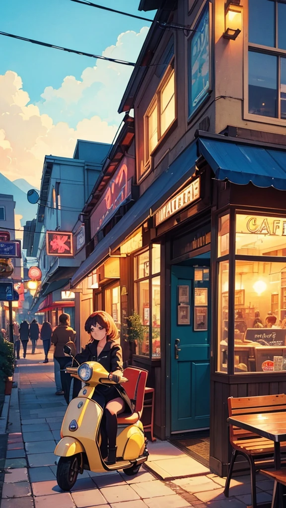 a painting of a scooter in front of a cafe with a sunset in the, cozy cafe background, cafe, beautiful retro art, scenery artwork, cafe in the clouds, warm beautiful scene, scenery art detailed, diner caffee, dream scenery art, watching the sun set. anime, anime scenery, in a sidewalk cafe, at a beautiful sunset, beautiful aesthetic art, nightcafe, in a bright cafe, super detailed color art, beautiful comic art, beautiful anime scenery, retro style art