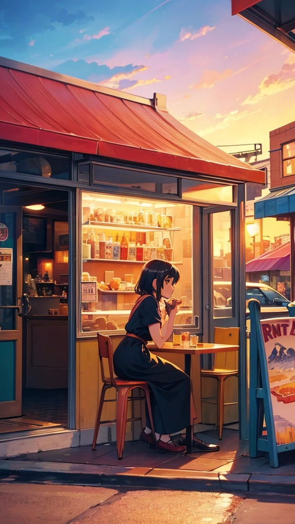 a painting of a scooter in front of a cafe with a sunset in the, cozy cafe background, cafe, beautiful retro art, scenery artwork, cafe in the clouds, warm beautiful scene, scenery art detailed, diner caffee, dream scenery art, watching the sun set. anime, anime scenery, in a sidewalk cafe, at a beautiful sunset, beautiful aesthetic art, nightcafe, in a bright cafe, super detailed color art, beautiful comic art, beautiful anime scenery, retro style art