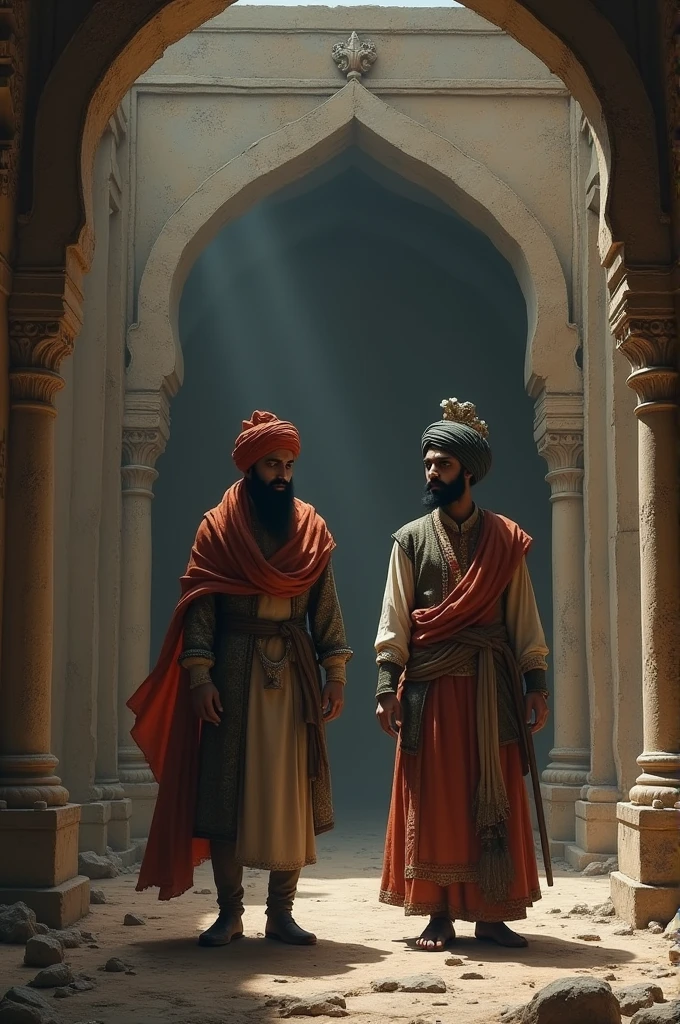 “Create a somber and emotional depiction of the tragic event on December 26, 1705, where Sahibzada Zorawar Singh and Sahibzada Fateh Singh were sealed alive in a wall under Nawab Wazir Khan’s orders. Include detailed 18th-century Sikh attire, a grim atmosphere, and period-specific architecture of Sirhind.”