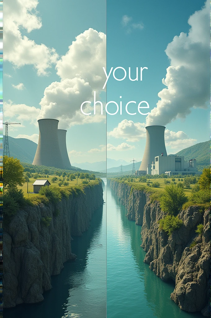 image, related to nuclear power plants. linked to the map of Kazakhstan. Text "Your Choice" On one side of the text is an image of a factory and dirty nature, on the other hand, pure nature with a nuclear power plant.