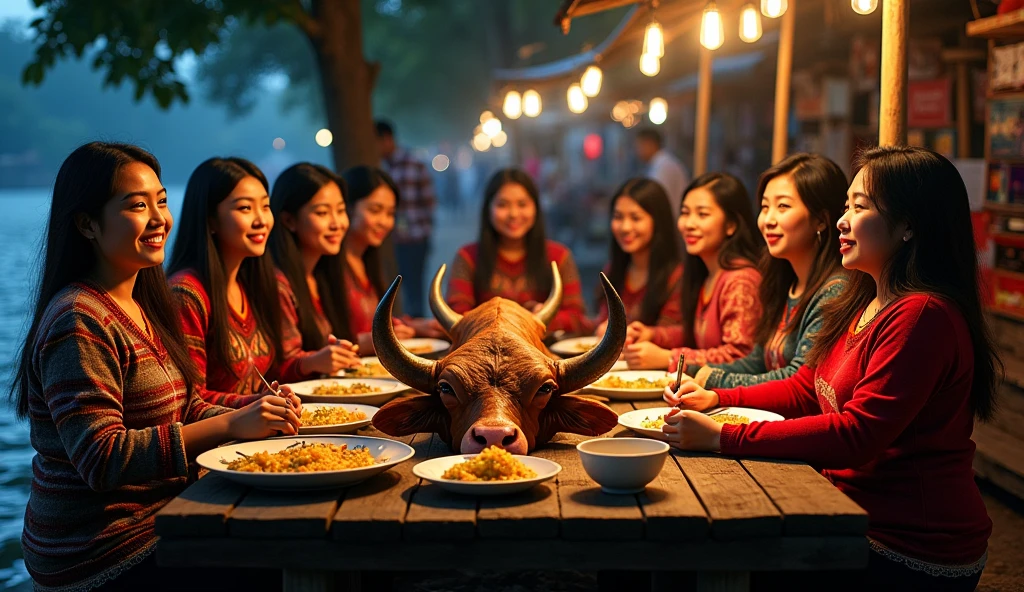 8 beautiful Indonesian women who are a bit fat, loose hair, big nose, wear colorful sweaters, long pants, sit down, all faces facing the front camera, and on the table there is a big cow's head on a plate and rice, location at the riverside stall, beautiful night atmosphere, many people, ultra details, minim diffect, realistic, 8k quality image