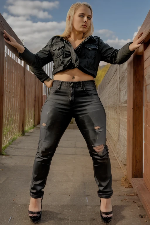masterpiece, photorealistic ultra-detailed raw image, blond young girl, a voluptous woman in black bjeans,