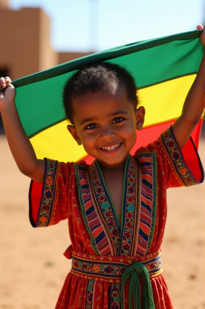 Ethiopian child wearing Ethiopian flad