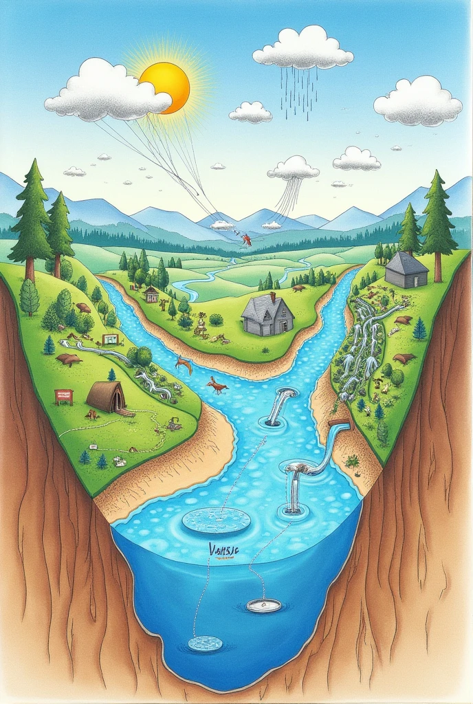 Can you give me a drawing of the hydrologic cycle that includes the process of evaporation, condensation, precipitation, infiltration, runoff, and transpiration.