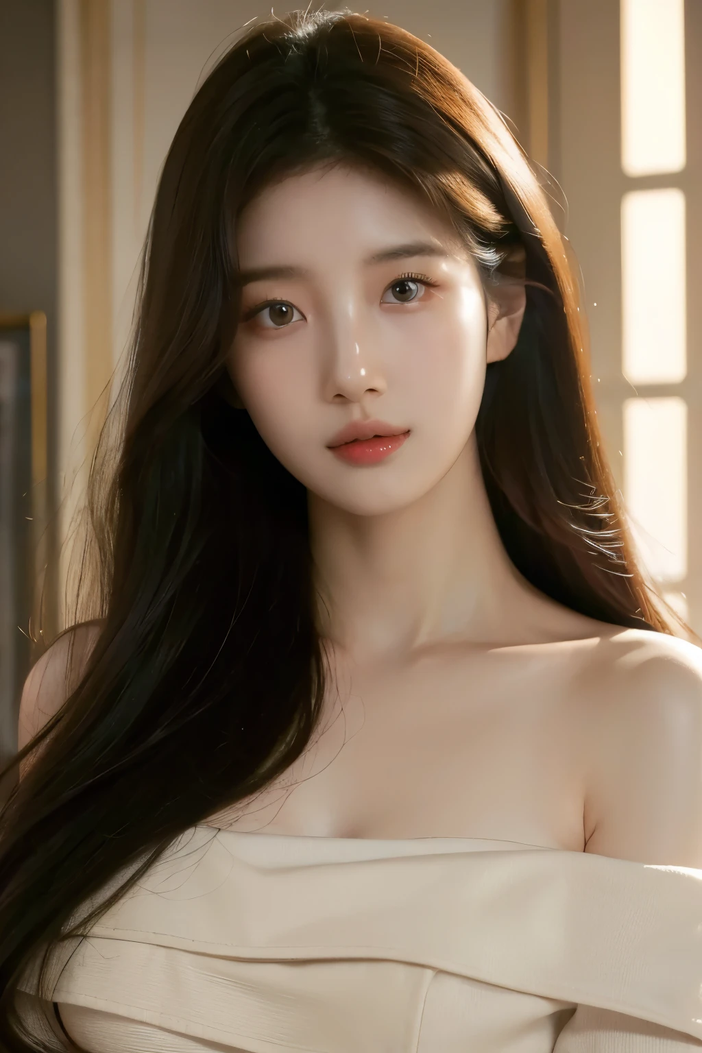 8K, masterpiece, RAW photos, best quality, realistic, depth of field, (very beautiful face, beautiful lips, beautiful eyes), best quality, masterpiece, ultra high resolution, (upper body shot:1.3), Original image, 1 woman, beige color Off shoulder, (in a room:1.2), deep shadow, low tune, , smile, long gray hair, pretty, Swirling hair, medium shot, big bust, Korean girl, Korean, wide angle shot, no window