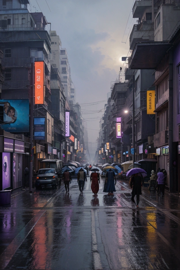 Oil painting of a futuristic street, in India, tall buildings in a distance,bright purple and blue lights, billboards, people walking on footpath, and cars on the street. Night time, raining, very realistic