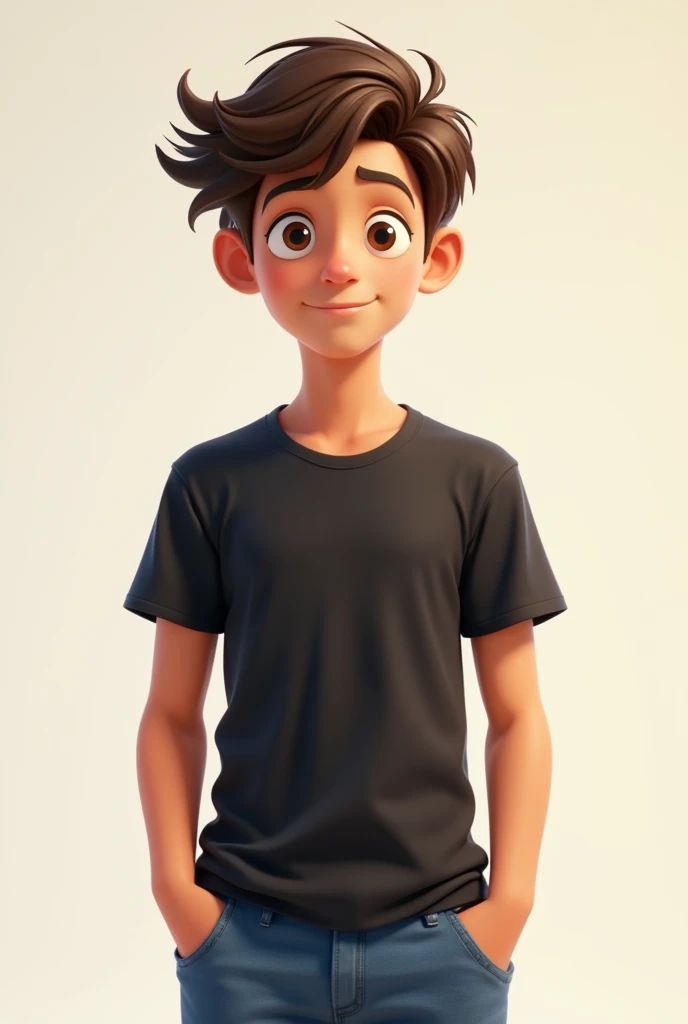 Create an image of a teenager boy wearing black tshirt and blue jeans messy hair average height  front side in 2d animation