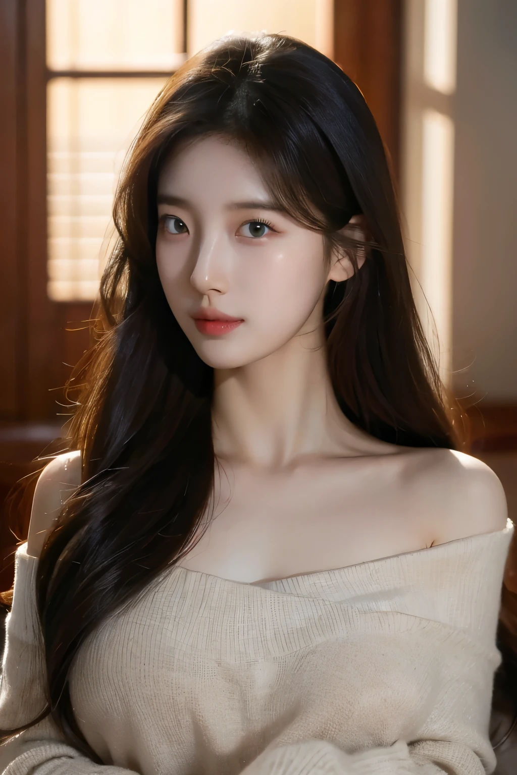 8K, masterpiece, RAW photos, best quality, realistic, depth of field, (very beautiful face, beautiful lips, beautiful eyes), best quality, masterpiece, ultra high resolution, (upper body shot:1.3), Original image, 1 woman, beige color Off shoulder, (in a room:1.2), deep shadow, low tune, , smile, long gray hair, pretty, Swirling hair, medium shot, big bust, Korean girl, Korean, wide angle shot, no window