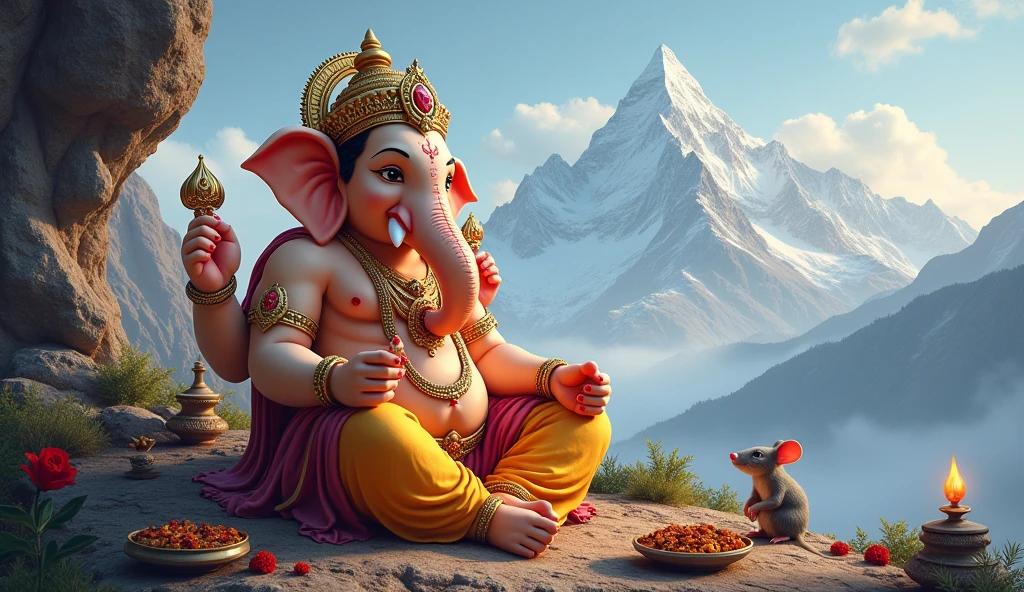 Lord Ganesh, leg near rat, with Pooja elements, Mount Himalaya background