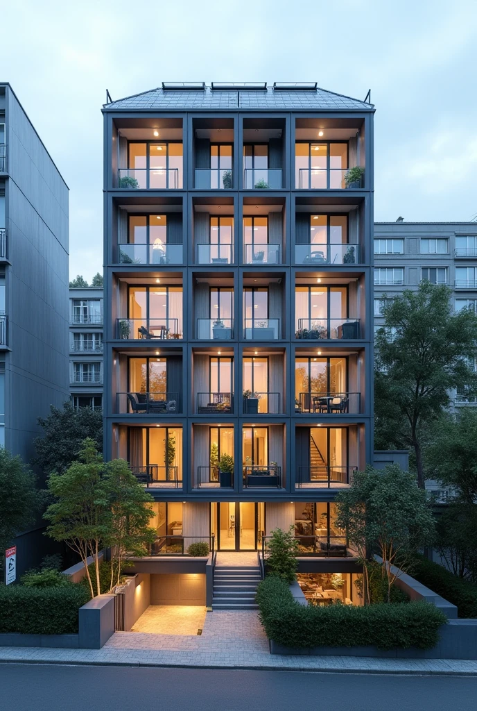 Make a sketch of a modern house with many doors like a boarding house with LED lights, solar panel at the rooftop and rain water induced sytem