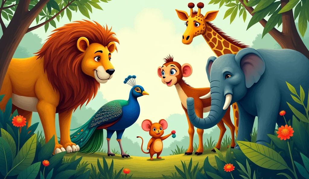 A illustration of the a lion, mouse, giraffe, monkey, peacock, and an elephant in a colourful jungle working together in harmony,
using their unique strengths to care for the jungle, with Little Mouse at the centre for children book