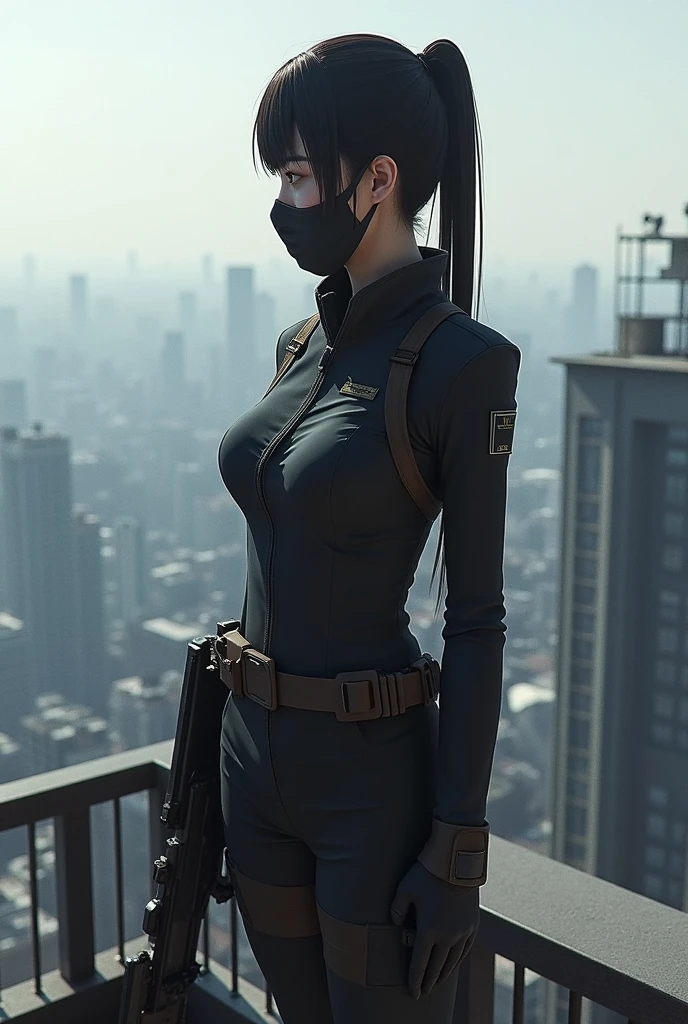 Japanese female sniper wearing a cloth mask standing on the roof of a high-rise building without a hood