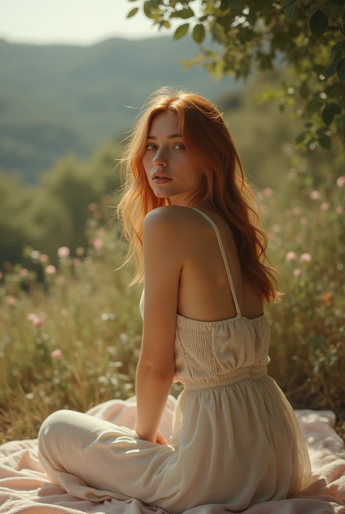 girl, age 25, Light red hair, sitting on a towel. Picnic. She looks at a point beyond the viewer. Provence. haze. 超detailded. Provence. Foggy . High grain film. retro photography, David Hamilton Style. Analog photography. grainy. nymph.