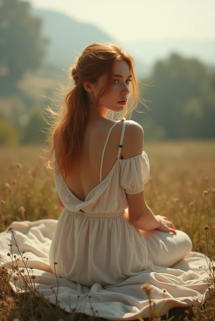 girl, age 25, Light red hair, sitting on a towel. Picnic. She looks at a point beyond the viewer. Provence. haze. 超detailded. Provence. Foggy . High grain film. retro photography, David Hamilton Style. Analog photography. grainy. nymph.