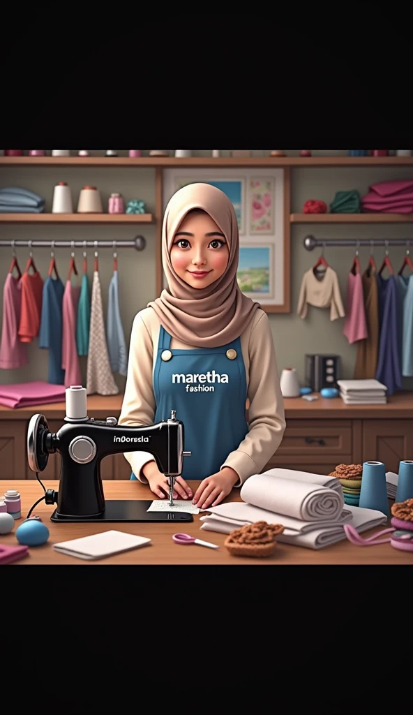 a young woman wearing a hijab who is in a sewing room. The woman wore a cream-colored hijab and clothes with a blue apron with the words "MARETHA FASHION" on the front. In front of him is a sewing machine with the words "INDONESIA," indicating that this is a local product. This room is full of sewing equipment such as spools of thread, cloth, scissors, and various other accessories neatly arranged on the table and walls. In the background, there are several pictures and clothes hanging on the wall, adding to the impression of this room as an active sewing business. This woman appears to be smiling with her mouth closed, creating a friendly and professional atmosphere.