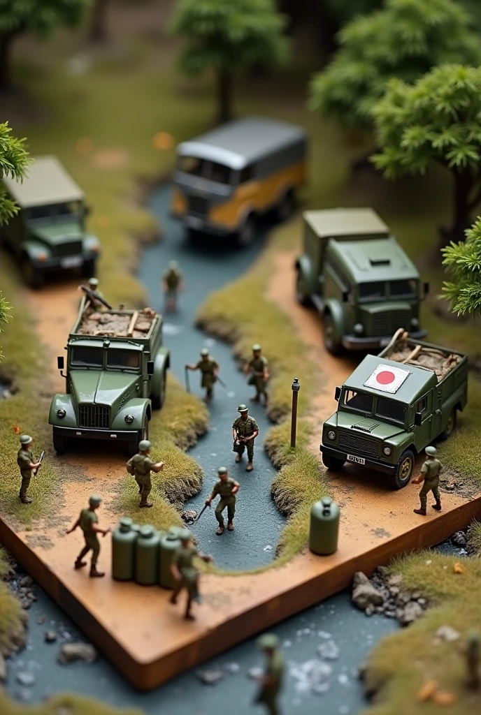 Army miniature diorama on the Wooden base/lining. There's Malaysian army and japanese army, There is a ditch there . Do it From the top view, There is oil gas as decoration along with trees and grass. Make sure one of the japanese army Hold the old japanese flag, japanese army only