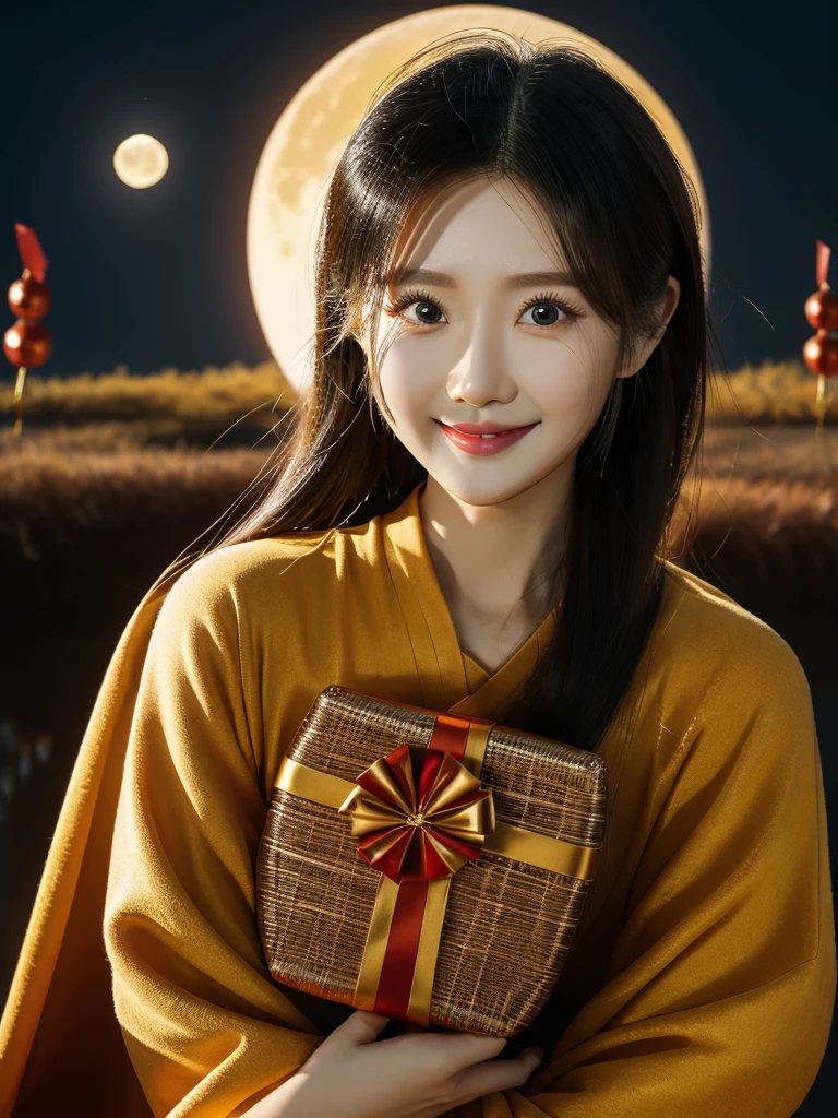 A person who receives a gift,Warm atmosphere,Mid-Autumn Festival,modern style,The moon in the sky,A masterpiece,Hand detailing,Smiley Face,Look at the gift