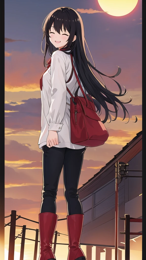 Young woman, high, god, black hair, close eyes, smile, solo, One, costs, field, sunset, checkered shirt, Red shirt, pants, red knee-high boots, looking at the viewer, 8k, red boots, tapes, lamppost, super rear view, ultra quality, home, jewelry, leather boots, knee-high boots, 