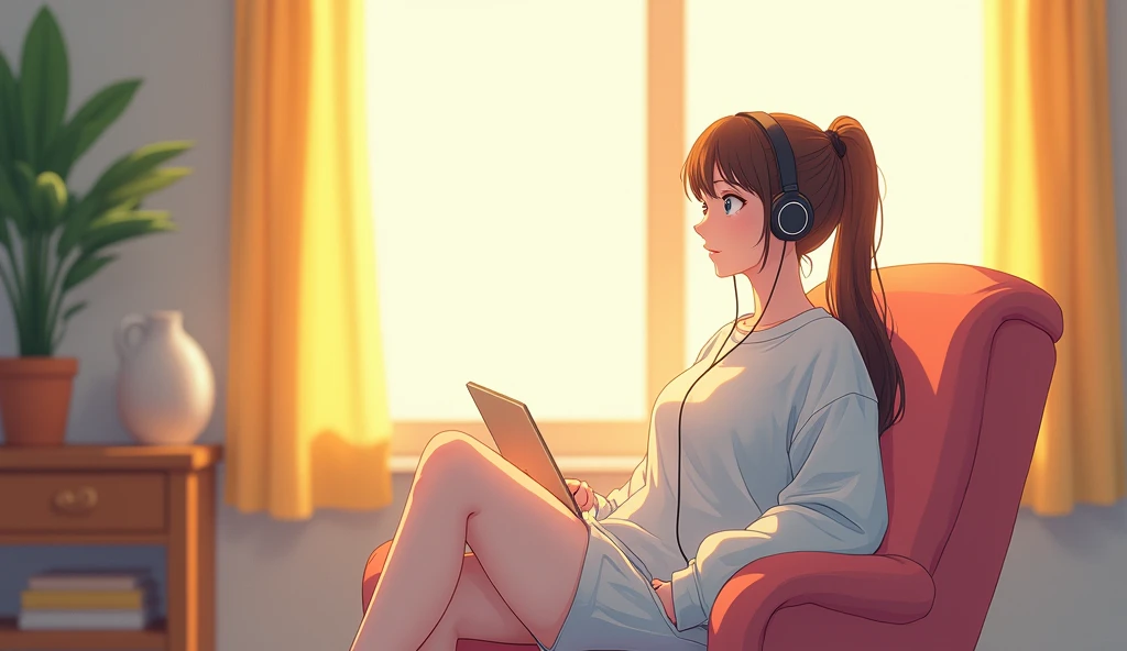 morning、morning日、Listen to music in the room、Sit on a chair、high school girl、、 relax、White sweatshirt、ponytail、Use headphones, Bright environment、2D-style animation, Lo-Fi、Retro、Anime style illustrations、Line art with clear outlines