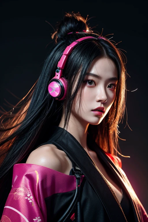 masterpiece, best quality, photorealistic, 1girl, solo, long flowing hair, jet-black hair with neon highlights, looking at viewer, upper body, Cyberpunk City Background, minimal background, neon red lighting, sharp shadows, fierce expression, detailed skin, smooth features, samurai setup, classic portrait style, high clarity, simple background, cinematic lighting, wearing a futuristic kimono with glowing patterns and sleek headphones, warrior-like and futuristic