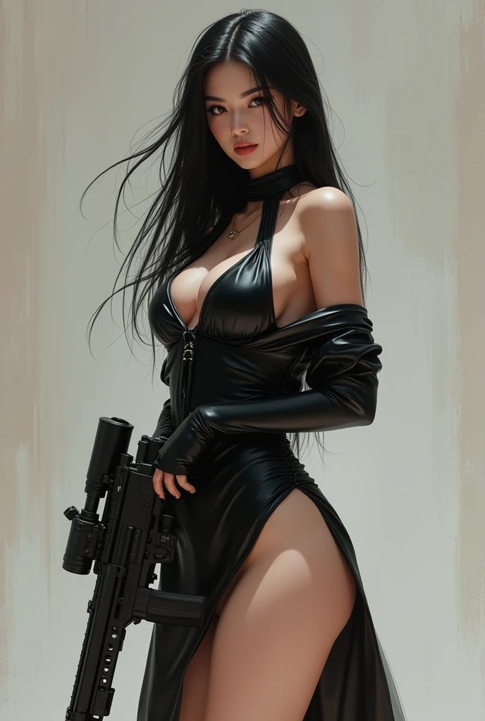 Chinese Beauty、Long, straight black hair. A sniper rifle is in her hand. She is wearing a tight black dress with a slit so that her entire body can be seen.。
Accentuates thighs and buttocks