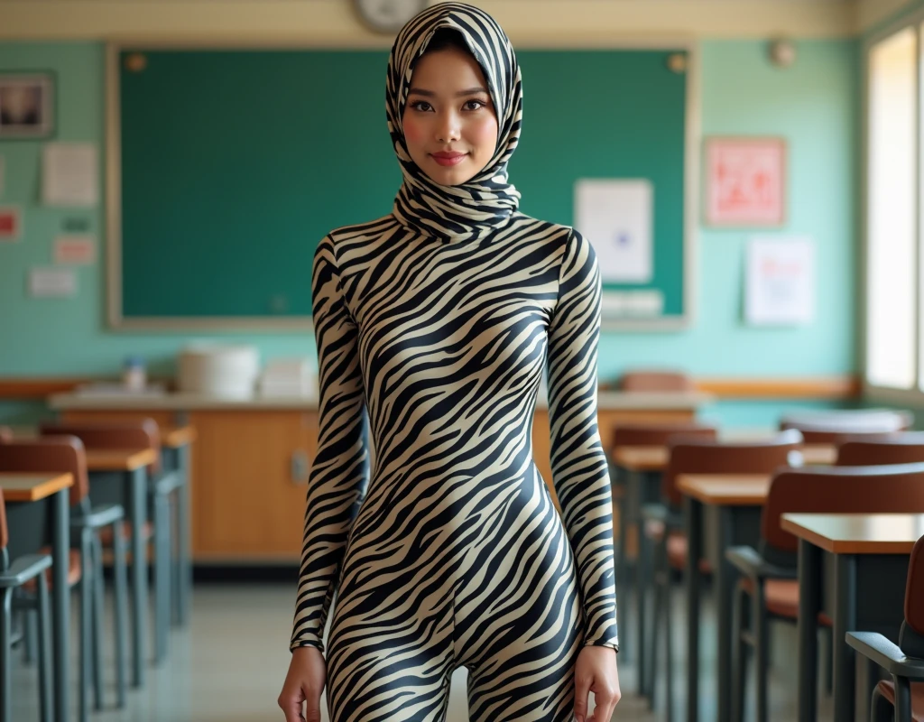 A thinest asian style muslimah woman with shiny pretty face wears zebra print lycra turtleneck unitard catsuit with zebra striped print cotton hijab.She is my school teacher.